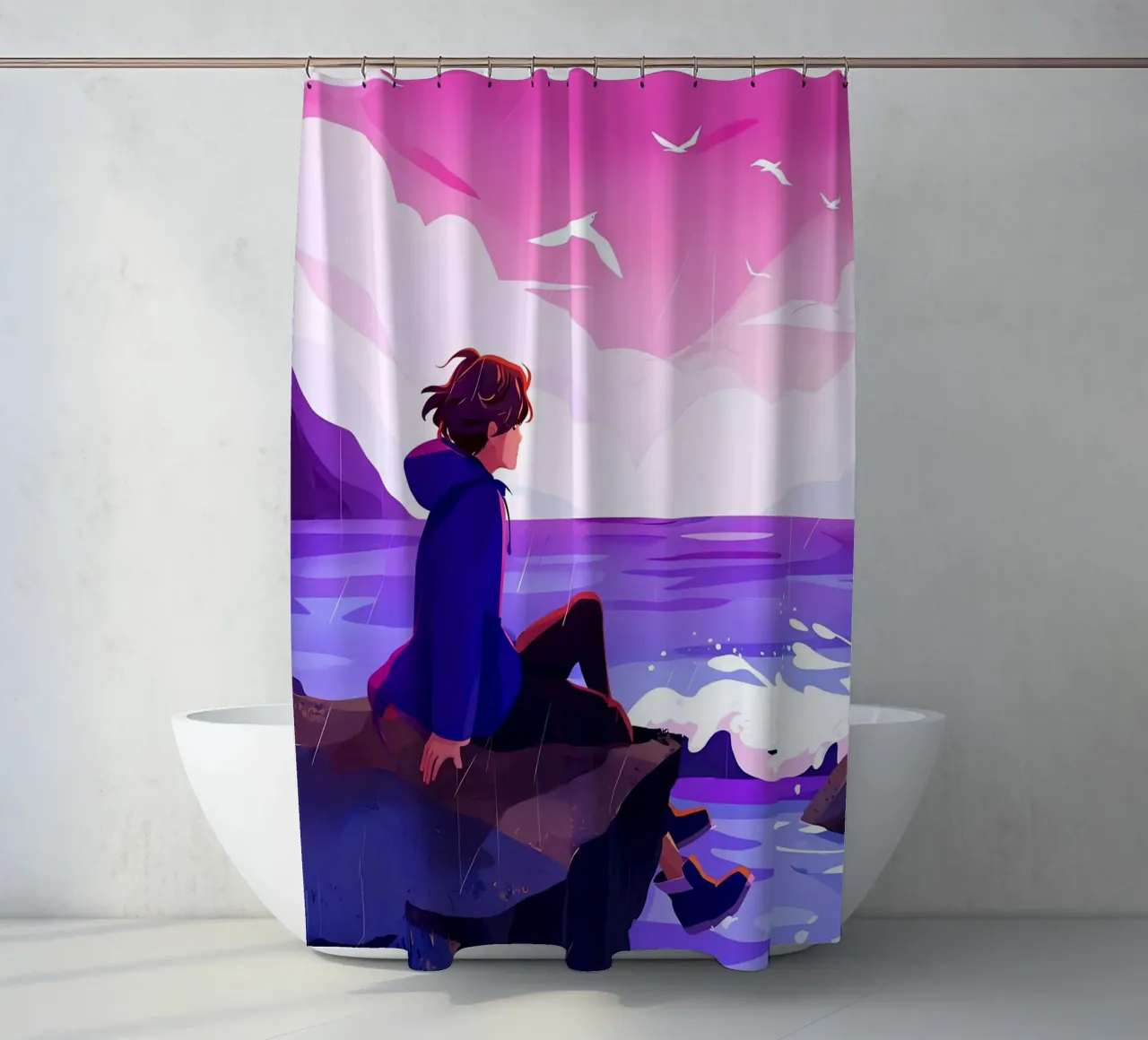 Boy Siting At Ocean Cliff Lofi Art shower curtain by LoFi Gallery