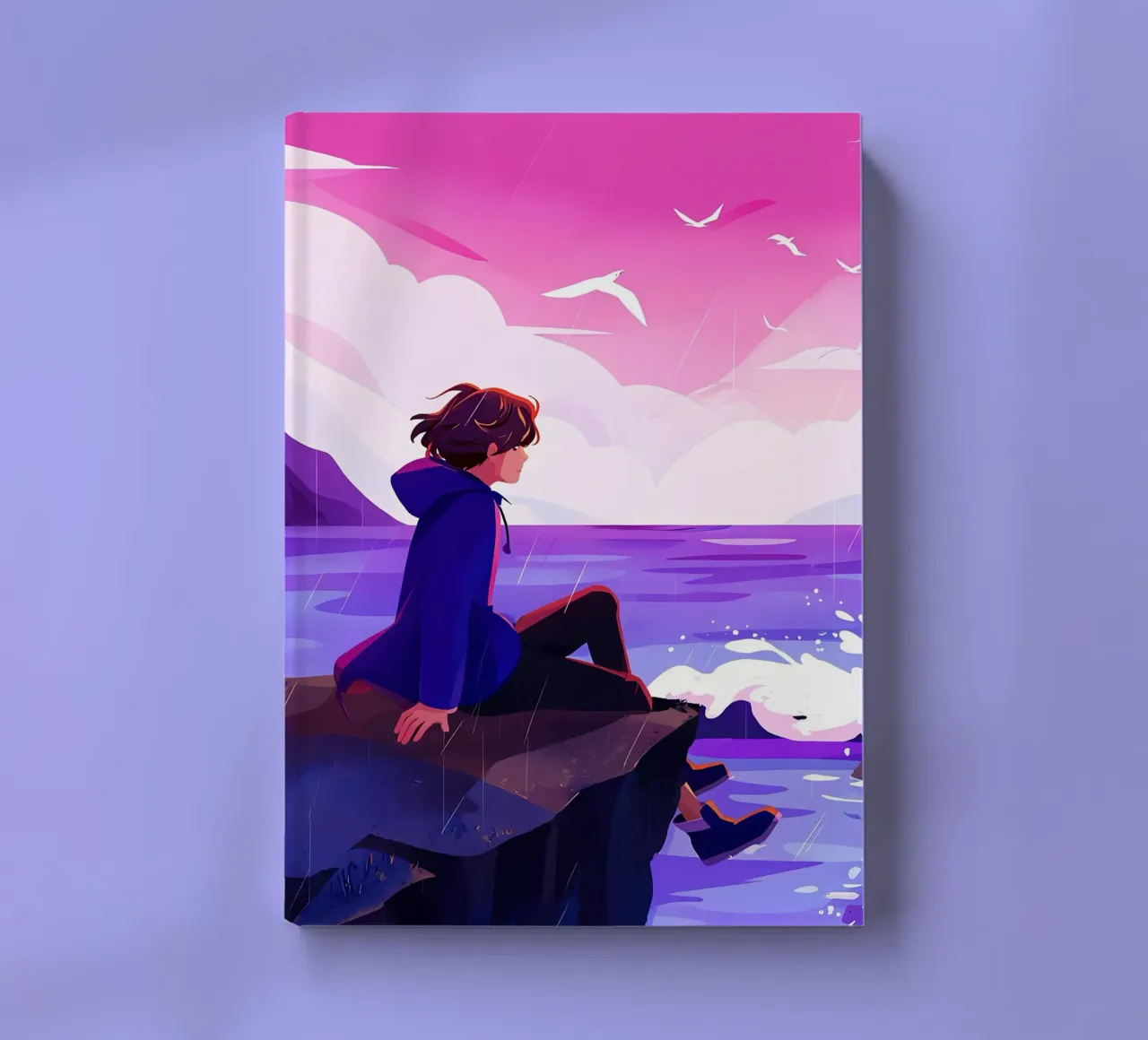 Boy Siting At Ocean Cliff Lofi Art notebook by LoFi Gallery