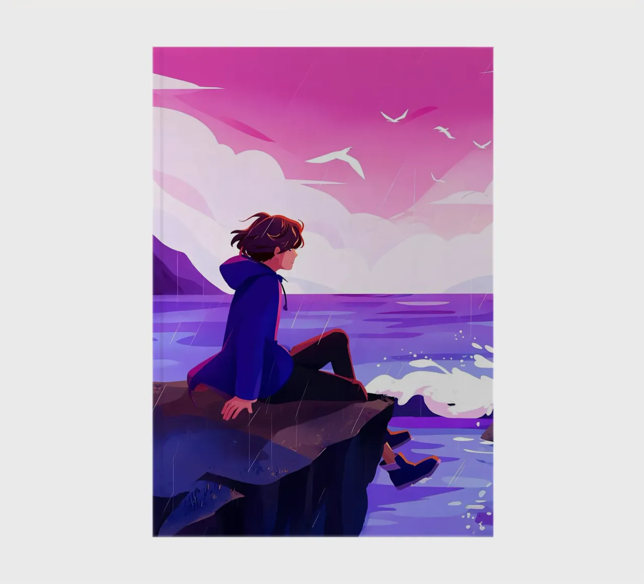 Boy Siting At Ocean Cliff Lofi Art notebook by LoFi Gallery