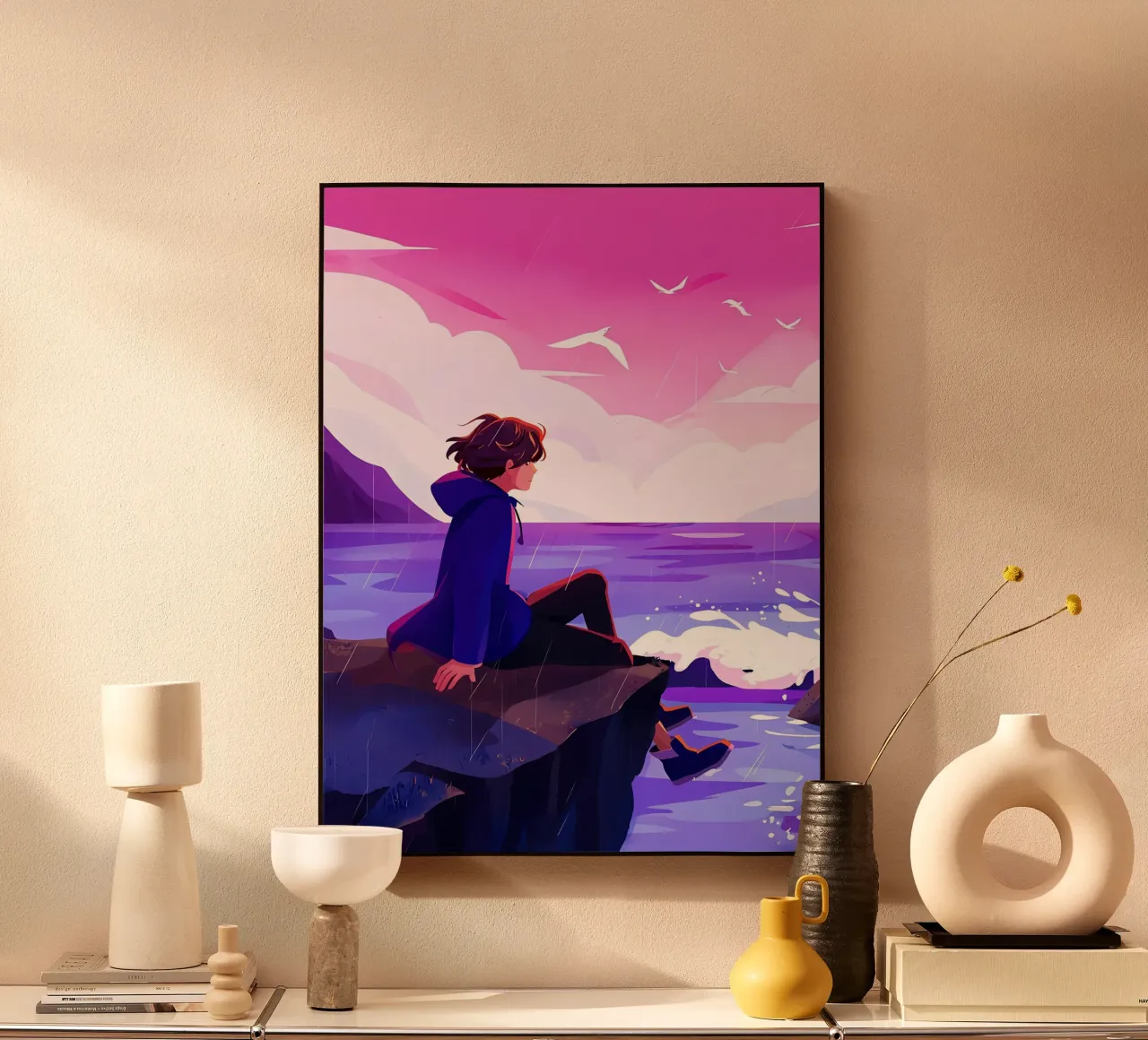 Ragazzo seduto a Ocean Cliff Lofi Art plexiglass da LoFi Gallery