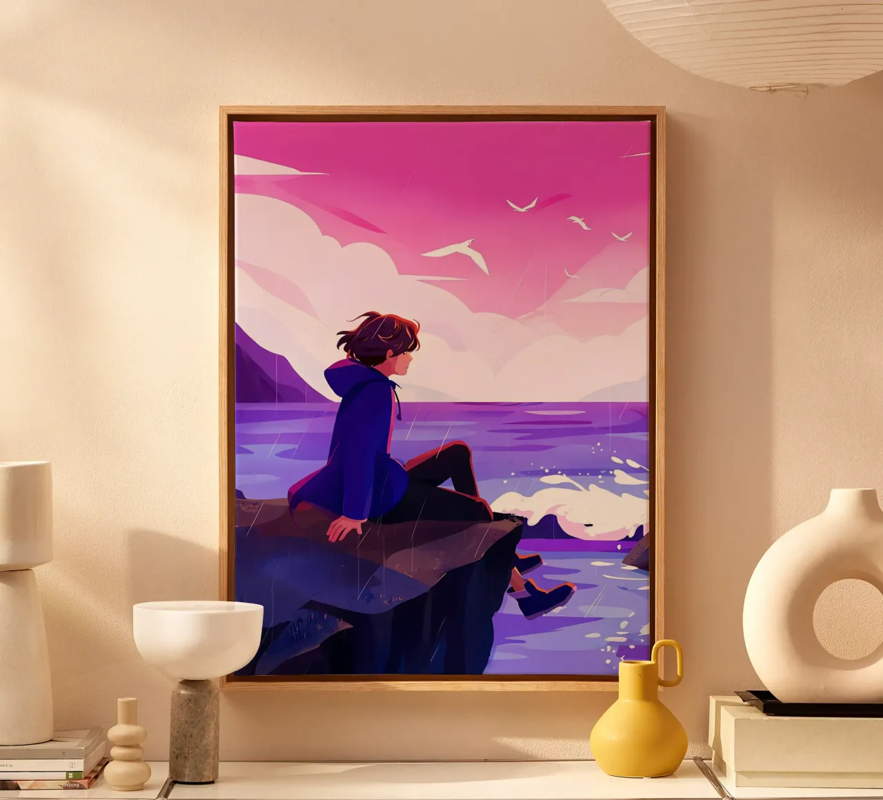 Boy Siting At Ocean Cliff Lofi Art canvas by LoFi Gallery