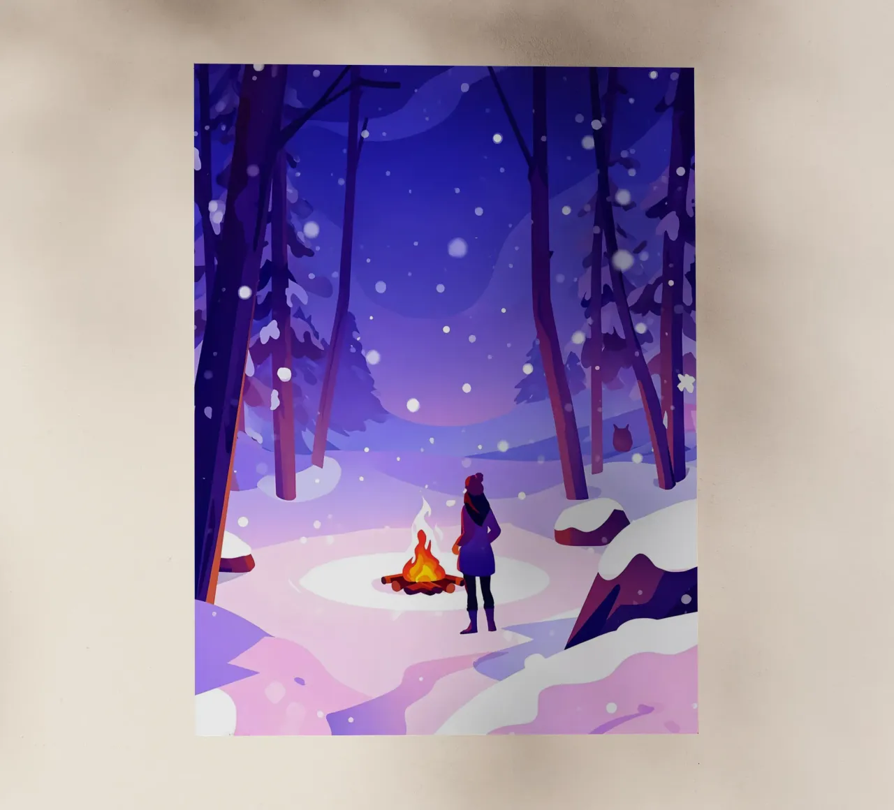 Donna al fuoco nella foresta invernale Lofi Art pellicola backlit da LoFi Gallery