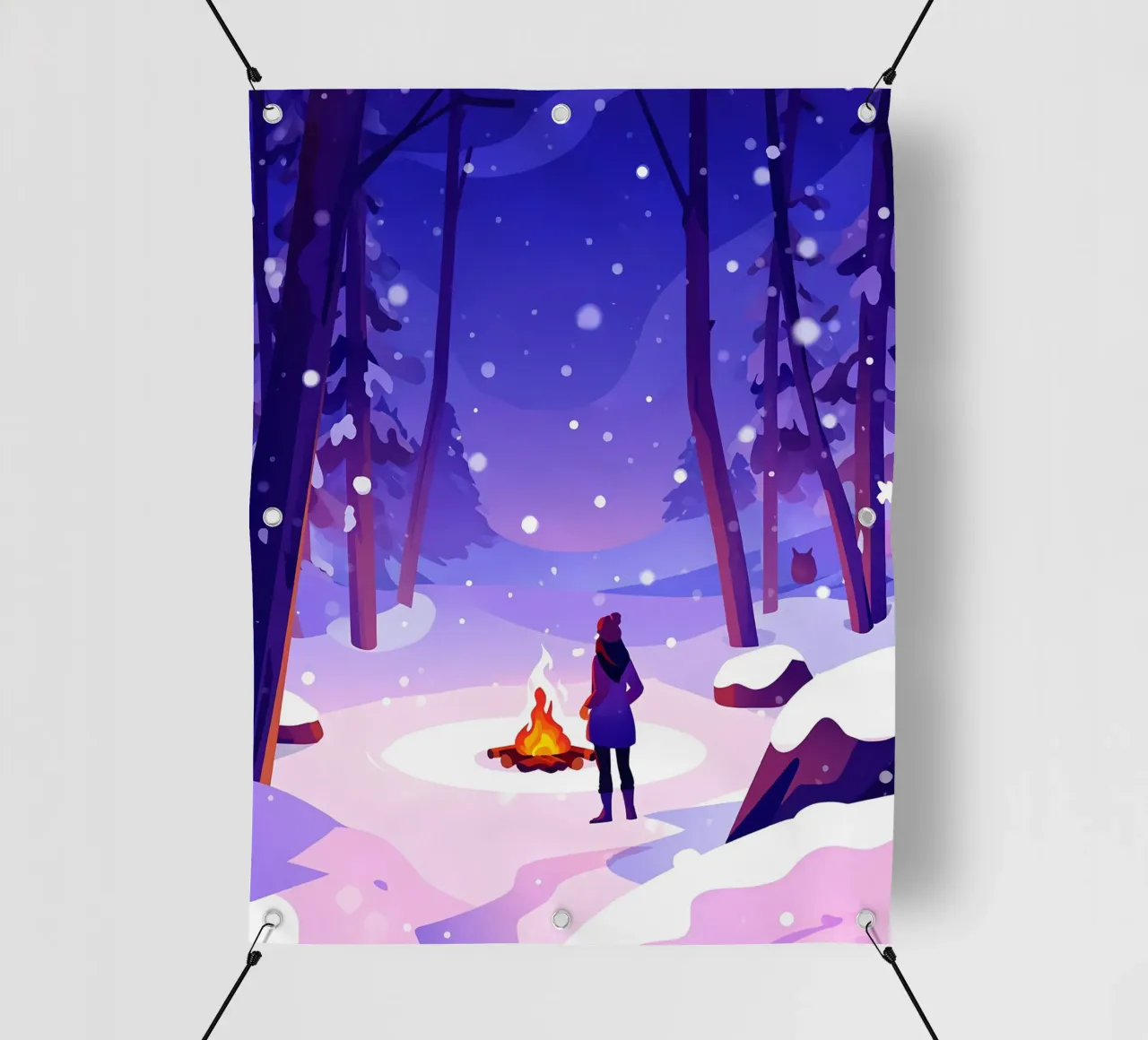 Donna al fuoco nella foresta invernale Lofi Art telo in pvc da LoFi Gallery