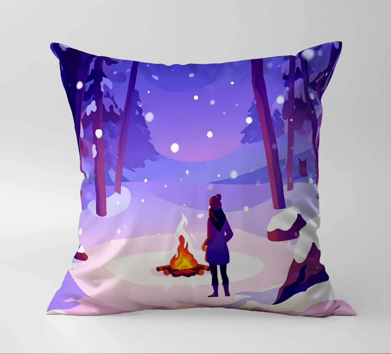 Donna al fuoco nella foresta invernale Lofi Art cuscino da LoFi Gallery