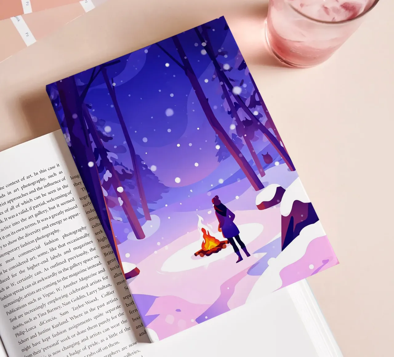 Woman At Campfire In Winter Forest Lofi Art notebook by LoFi Gallery