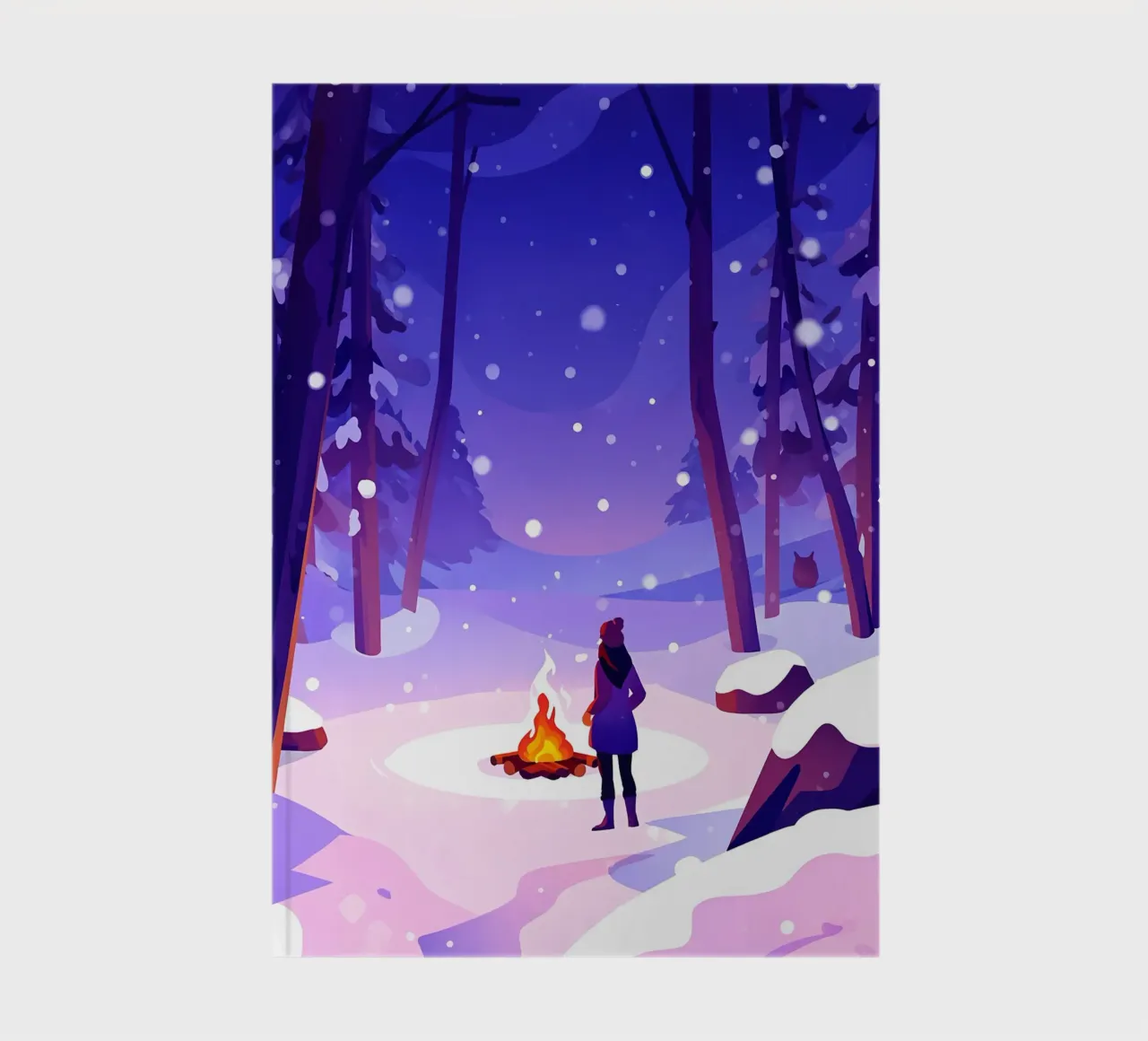 Woman At Campfire In Winter Forest Lofi Art notebook by LoFi Gallery