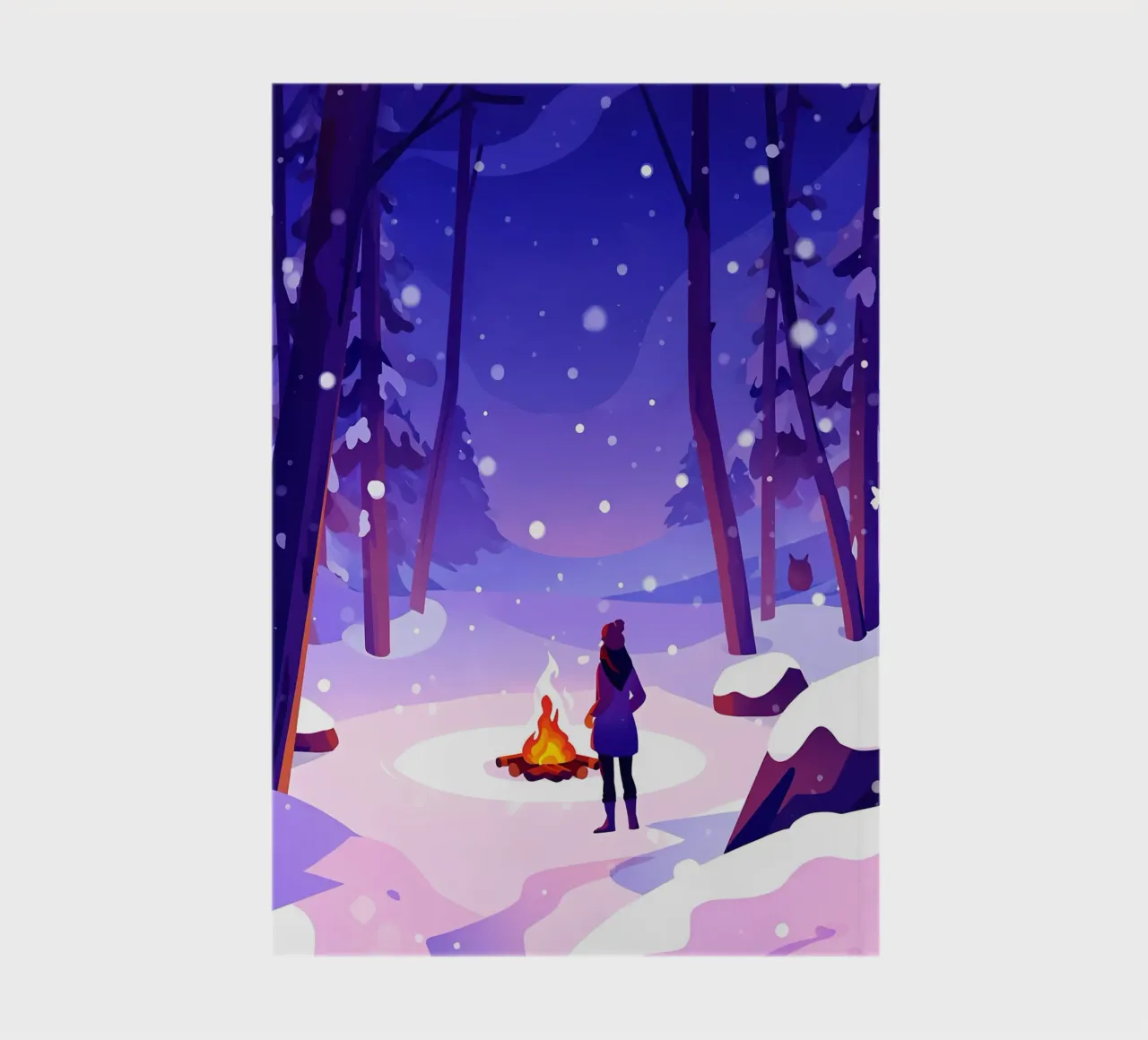 Woman At Campfire In Winter Forest Lofi Art notebook by LoFi Gallery