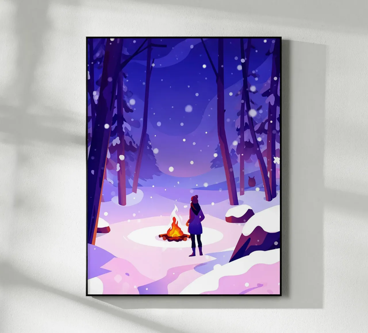 Donna al fuoco nella foresta invernale Lofi Art plexiglass da LoFi Gallery