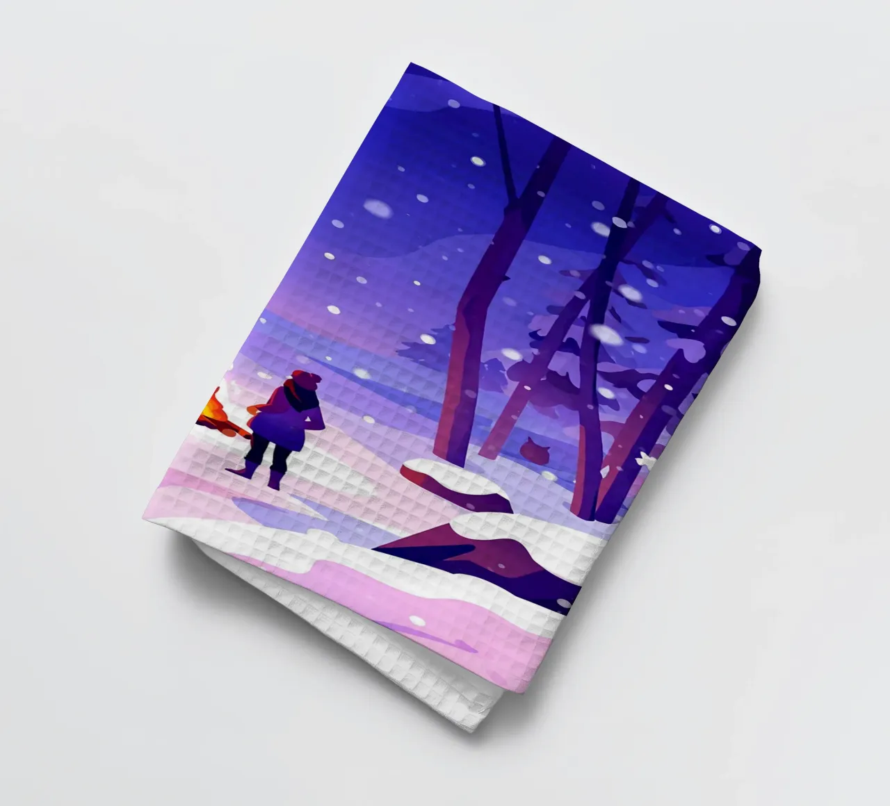 Donna al fuoco nella foresta invernale Lofi Art canovaccio da cucina da LoFi Gallery