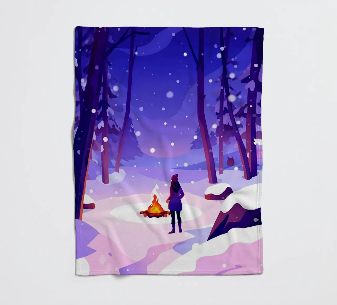 Donna al fuoco nella foresta invernale Lofi Art coperta in pile da LoFi Gallery
