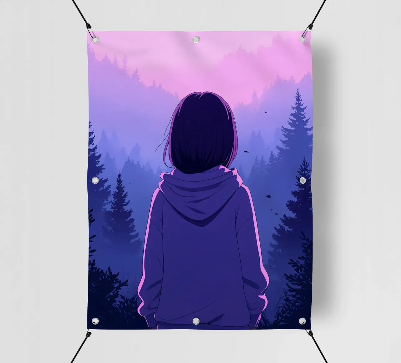 Ragazza con felpa con cappuccio che guarda il tramonto nella foresta Lofi Art telo in pvc da LoFi Gallery