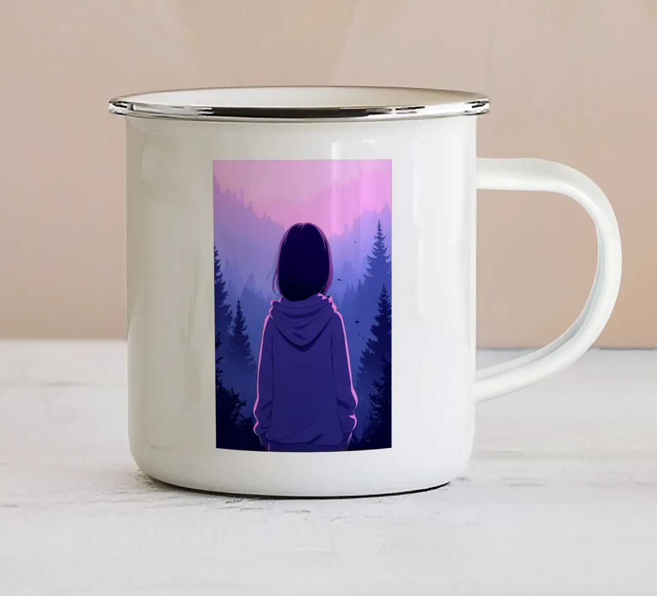 Ragazza con felpa con cappuccio che guarda il tramonto nella foresta Lofi Art tazza in smalto da LoFi Gallery