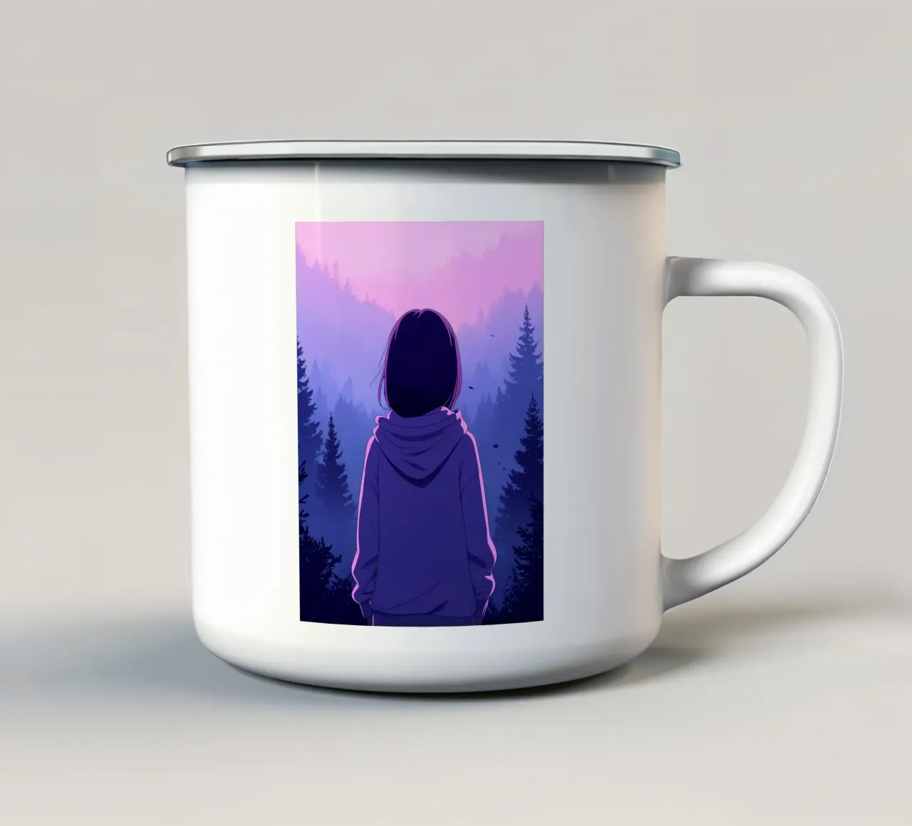 Ragazza con felpa con cappuccio che guarda il tramonto nella foresta Lofi Art tazza in smalto da LoFi Gallery