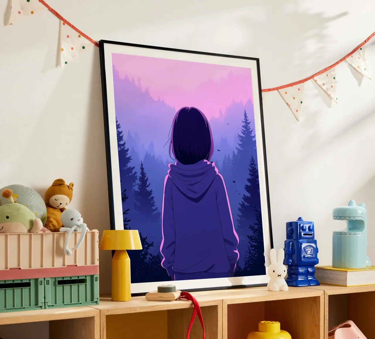 Ragazza con felpa con cappuccio che guarda il tramonto nella foresta Lofi Art poster con telaio in legno da LoFi Gallery