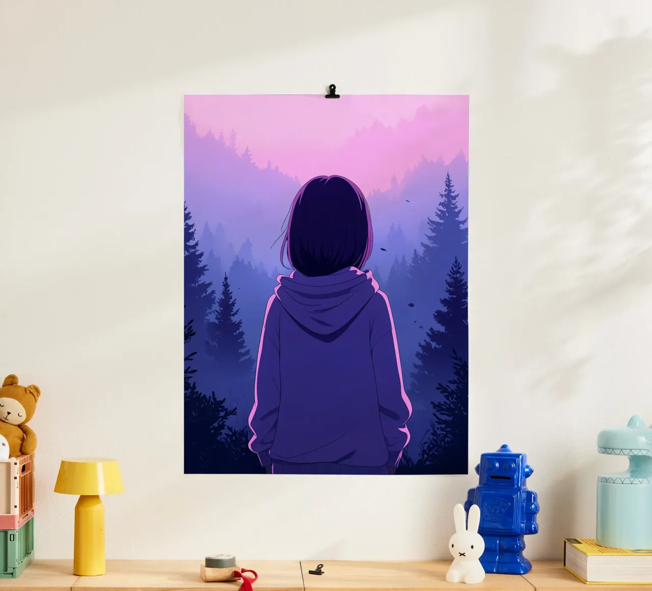 Ragazza con felpa con cappuccio che guarda il tramonto nella foresta Lofi Art poster con telaio in legno da LoFi Gallery