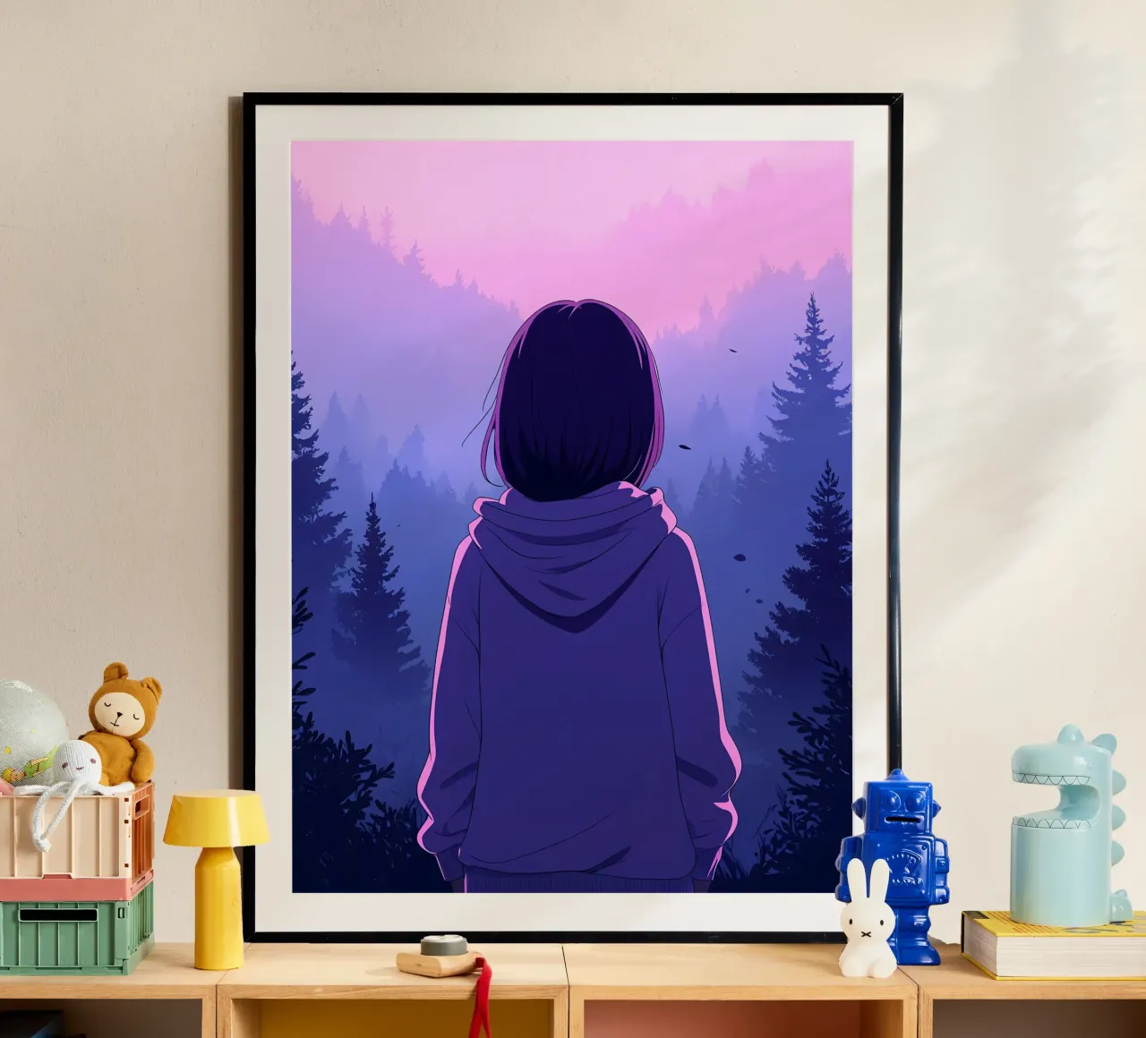 Ragazza con felpa con cappuccio che guarda il tramonto nella foresta Lofi Art poster con telaio in legno da LoFi Gallery