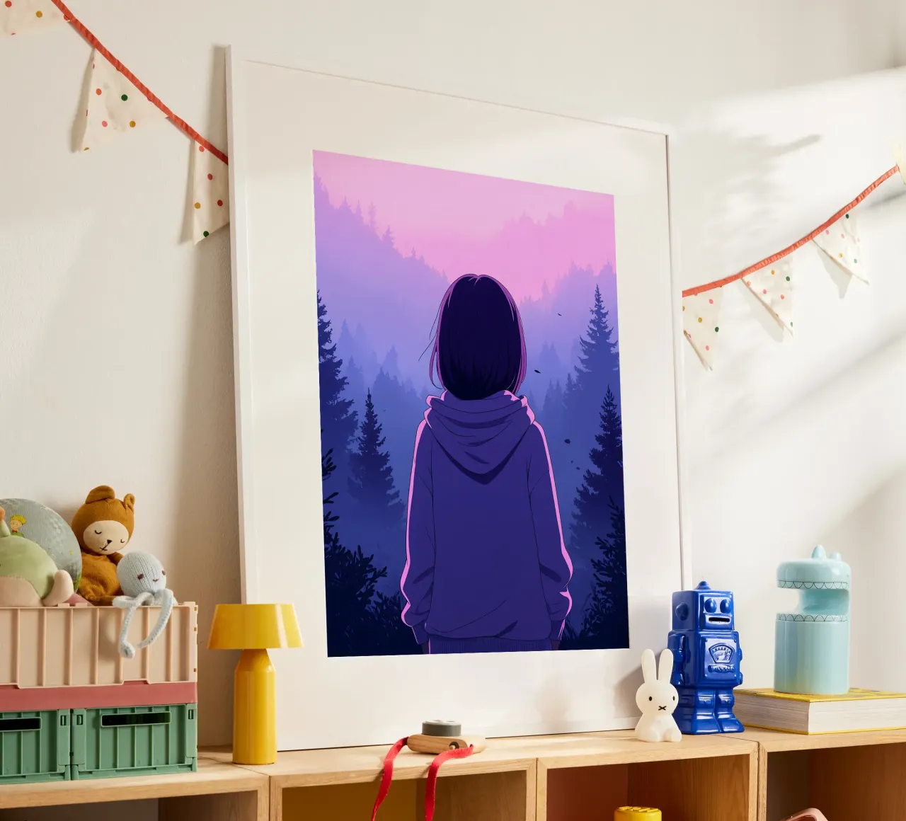 Ragazza con felpa con cappuccio che guarda il tramonto nella foresta Lofi Art poster con telaio in legno da LoFi Gallery