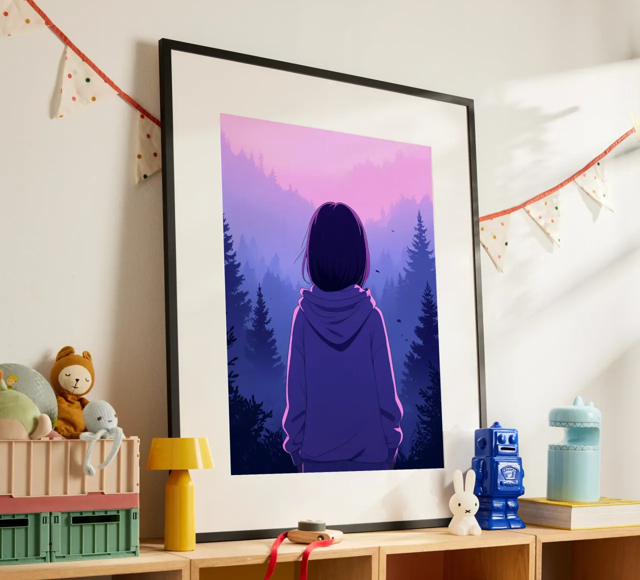 Ragazza con felpa con cappuccio che guarda il tramonto nella foresta Lofi Art poster con telaio in legno da LoFi Gallery