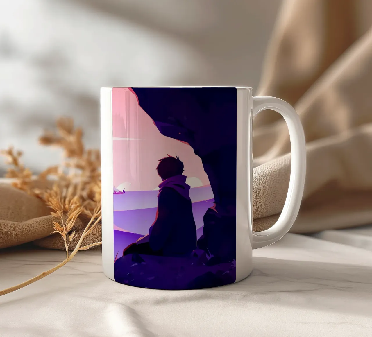Ragazzo che guarda il tramonto sulla scogliera di Oceanside Lofi Art tazza in ceramica da LoFi Gallery