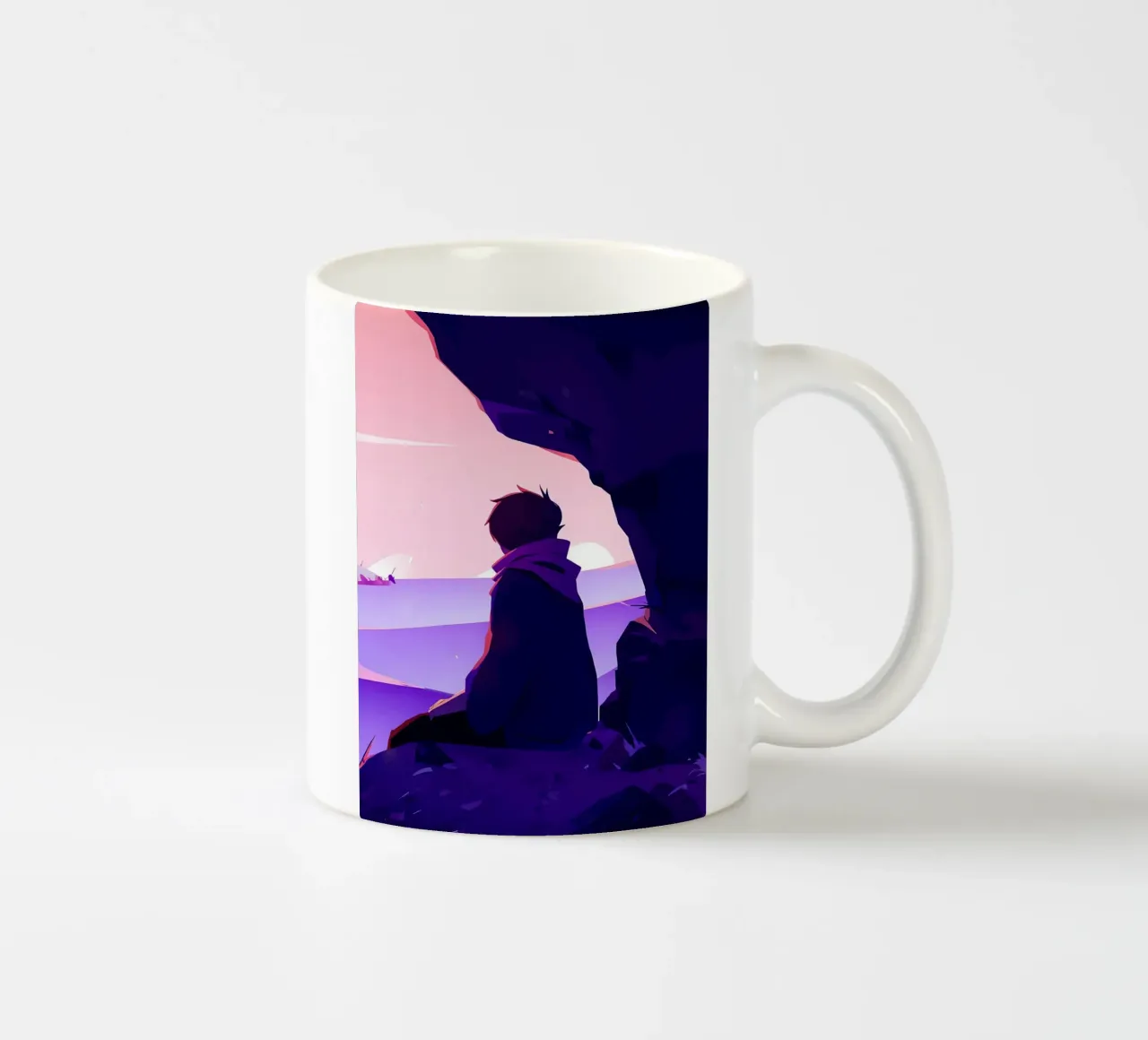 Ragazzo che guarda il tramonto sulla scogliera di Oceanside Lofi Art tazza in ceramica da LoFi Gallery