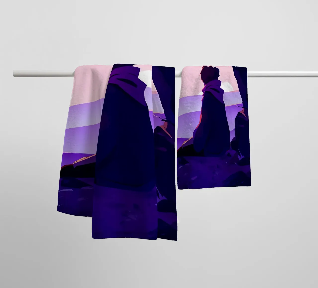 Boy Looking At Sunset At Oceanside Cliff Lofi Art towel by LoFi Gallery
