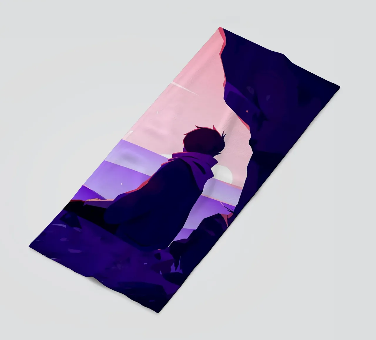 Boy Looking At Sunset At Oceanside Cliff Lofi Art beach towel by LoFi Gallery