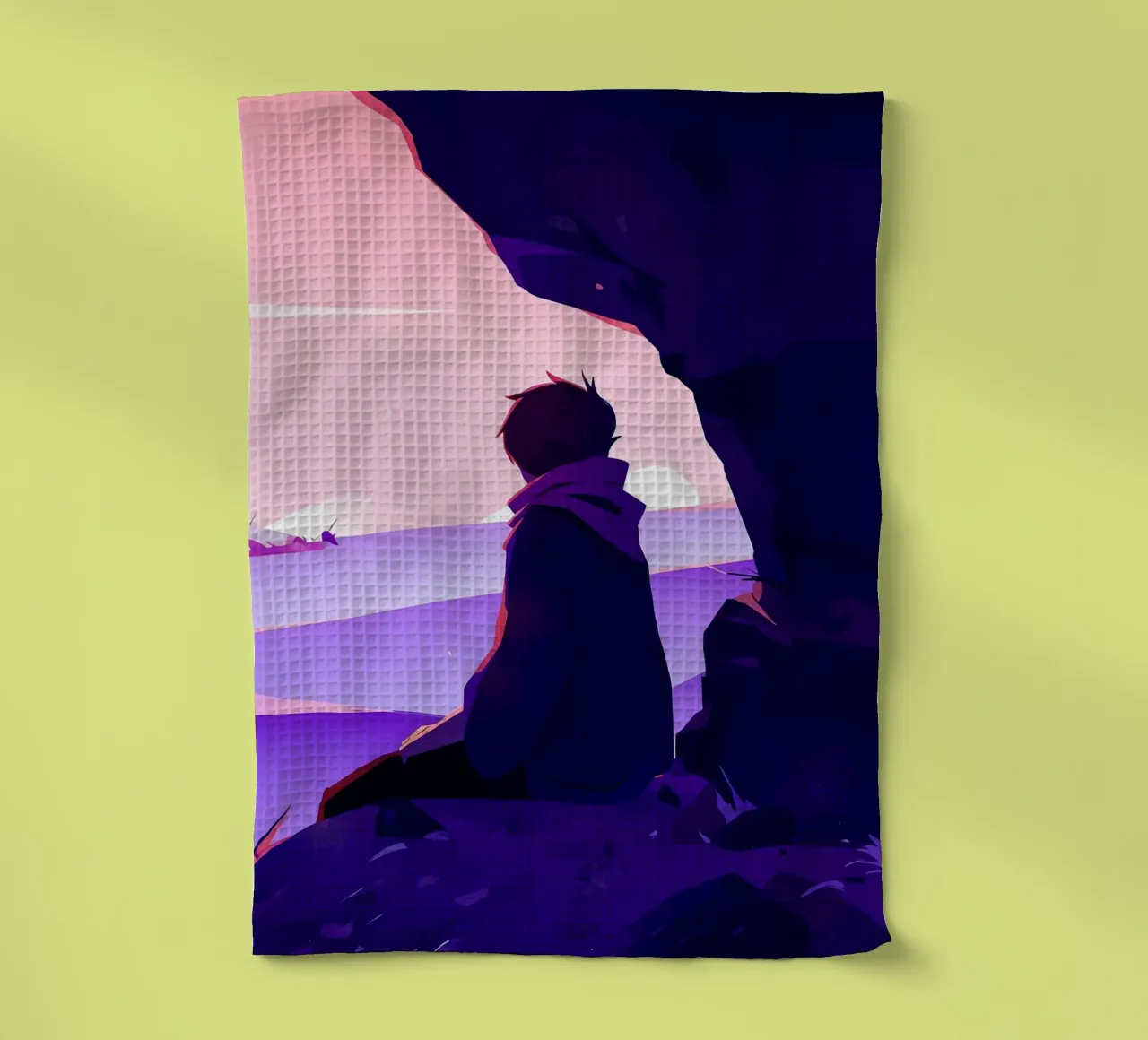 Boy Looking At Sunset At Oceanside Cliff Lofi Art tea towel by LoFi Gallery