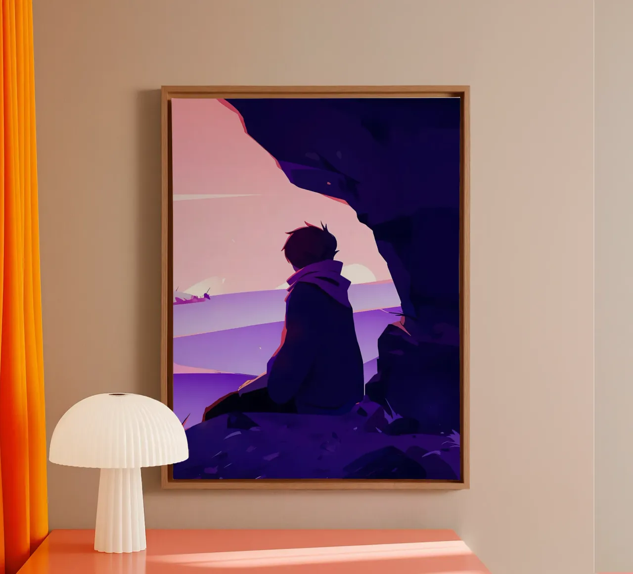 Boy Looking At Sunset At Oceanside Cliff Lofi Art canvas with Floater frame by LoFi Gallery