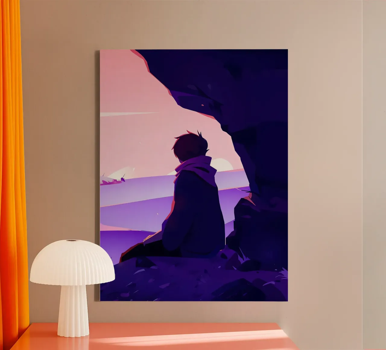 Boy Looking At Sunset At Oceanside Cliff Lofi Art canvas with Floater frame by LoFi Gallery