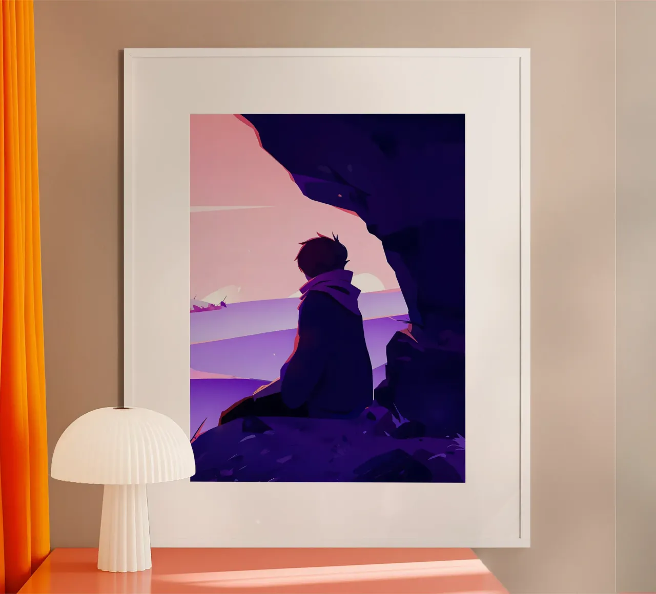 Garçon regardant le coucher de soleil sur une falaise à Oceanside Lofi Art poster avec cadre en bois de LoFi Gallery