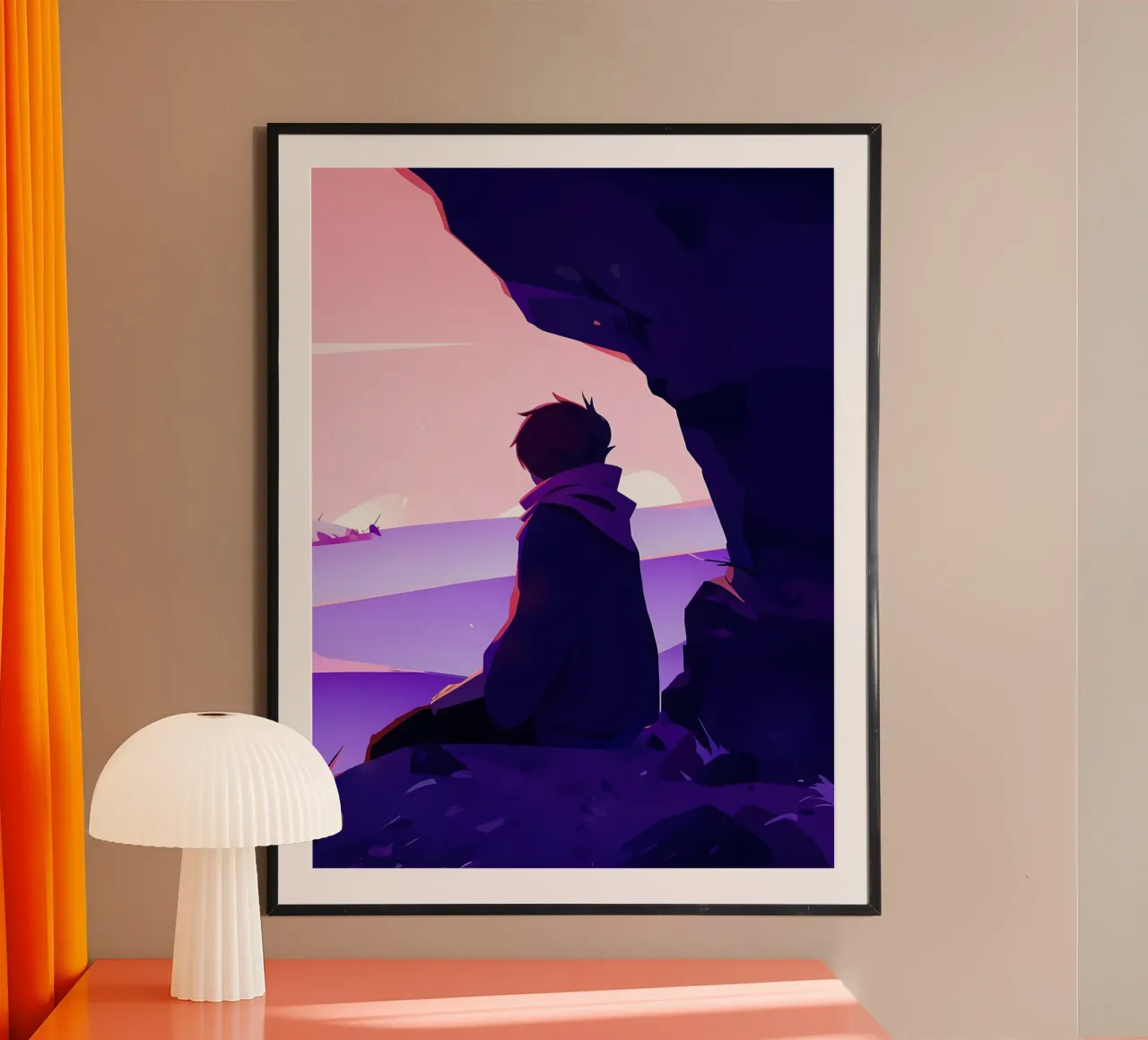 Garçon regardant le coucher de soleil sur une falaise à Oceanside Lofi Art poster avec cadre en bois de LoFi Gallery
