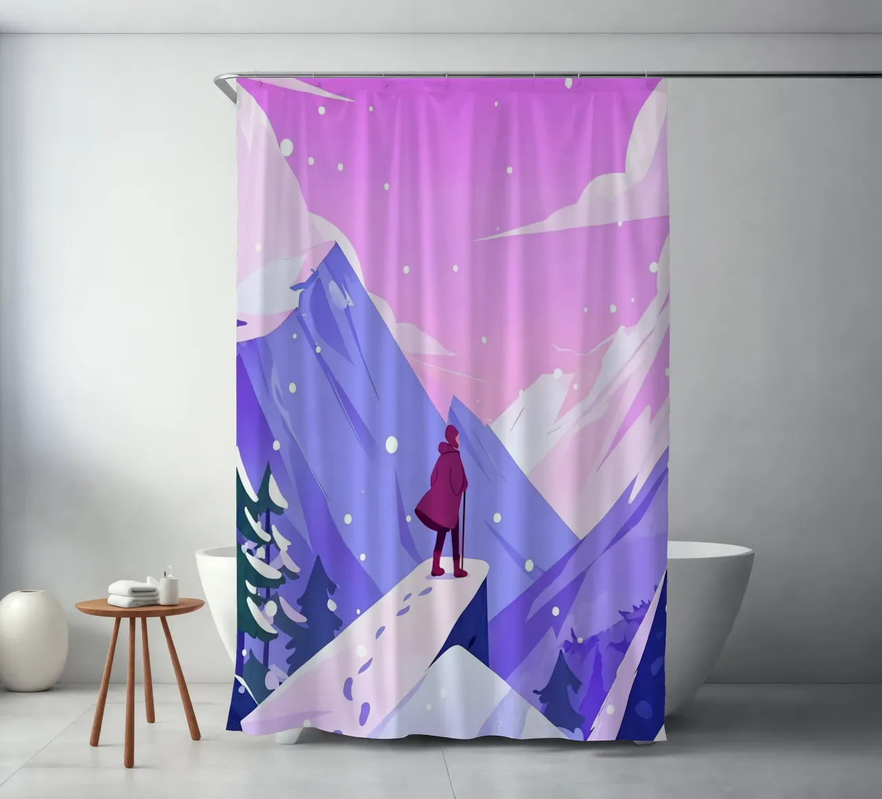 Man die hoge sneeuwberg bereikt Lofi Art douchegordijn van LoFi Gallery