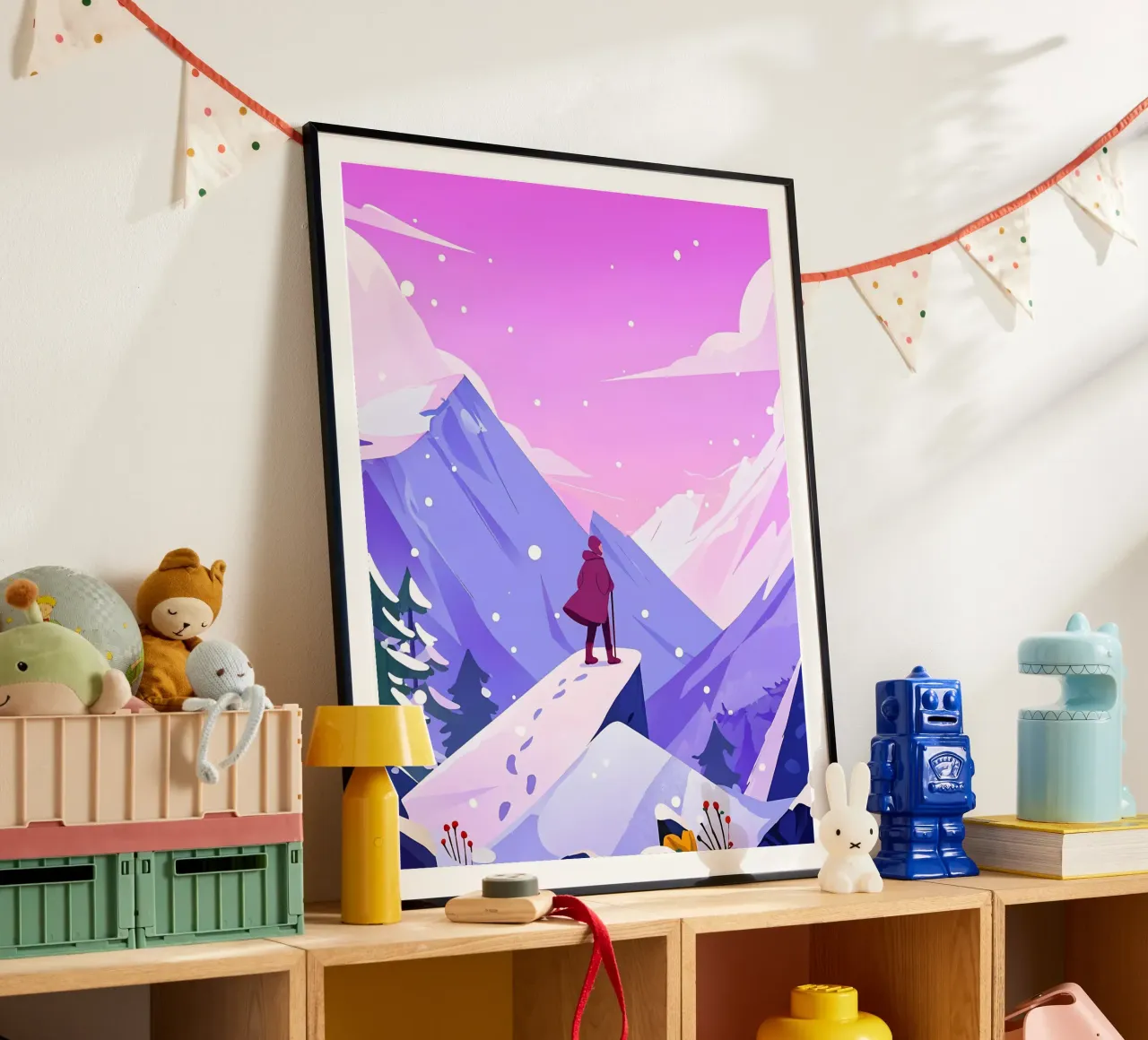 Uomo che raggiunge la montagna di neve in alto Lofi Art poster con telaio in legno da LoFi Gallery