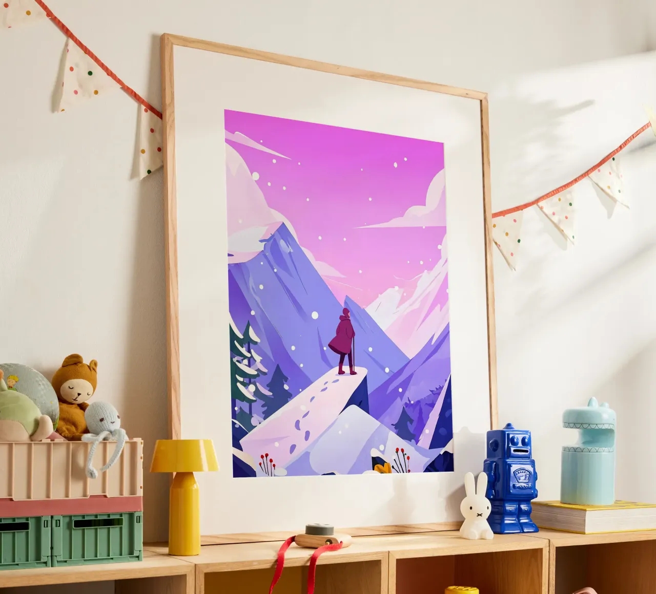 Uomo che raggiunge la montagna di neve in alto Lofi Art poster con telaio in legno da LoFi Gallery