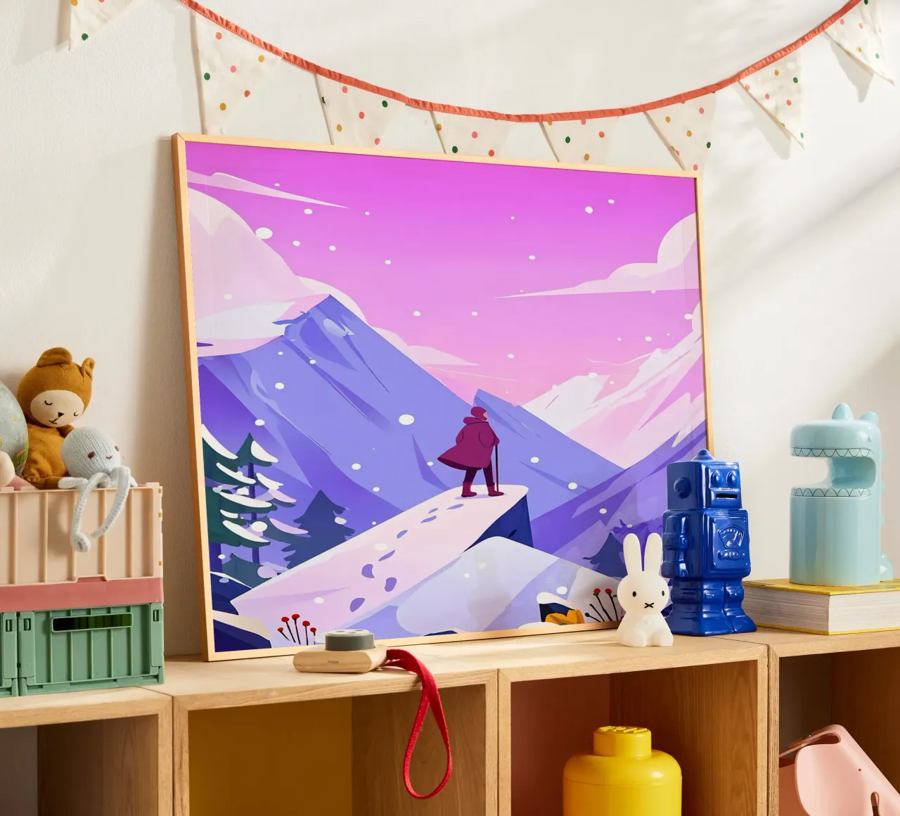 Uomo che raggiunge la montagna di neve in alto Lofi Art poster con telaio in legno da LoFi Gallery