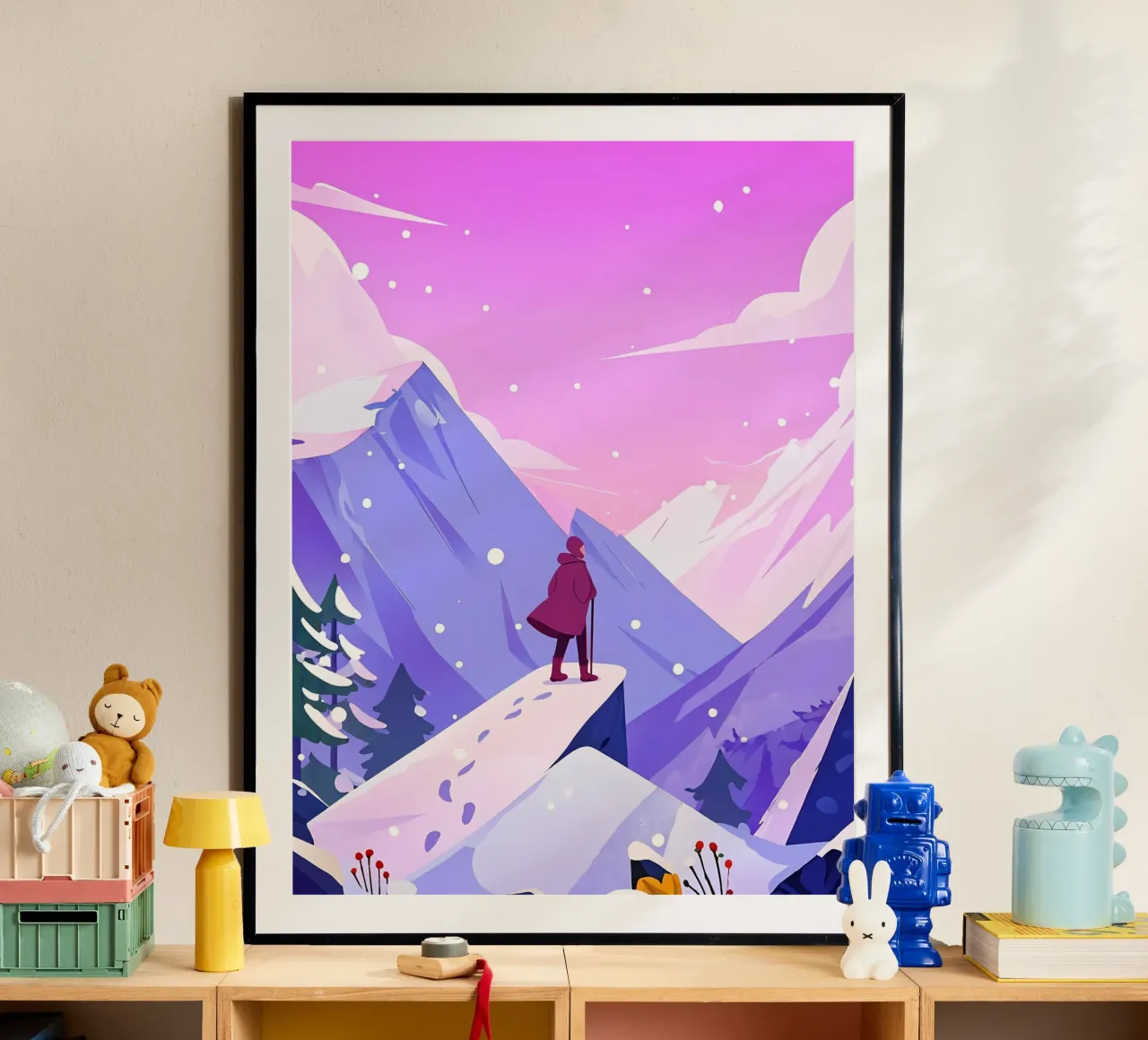 Uomo che raggiunge la montagna di neve in alto Lofi Art poster con telaio in legno da LoFi Gallery