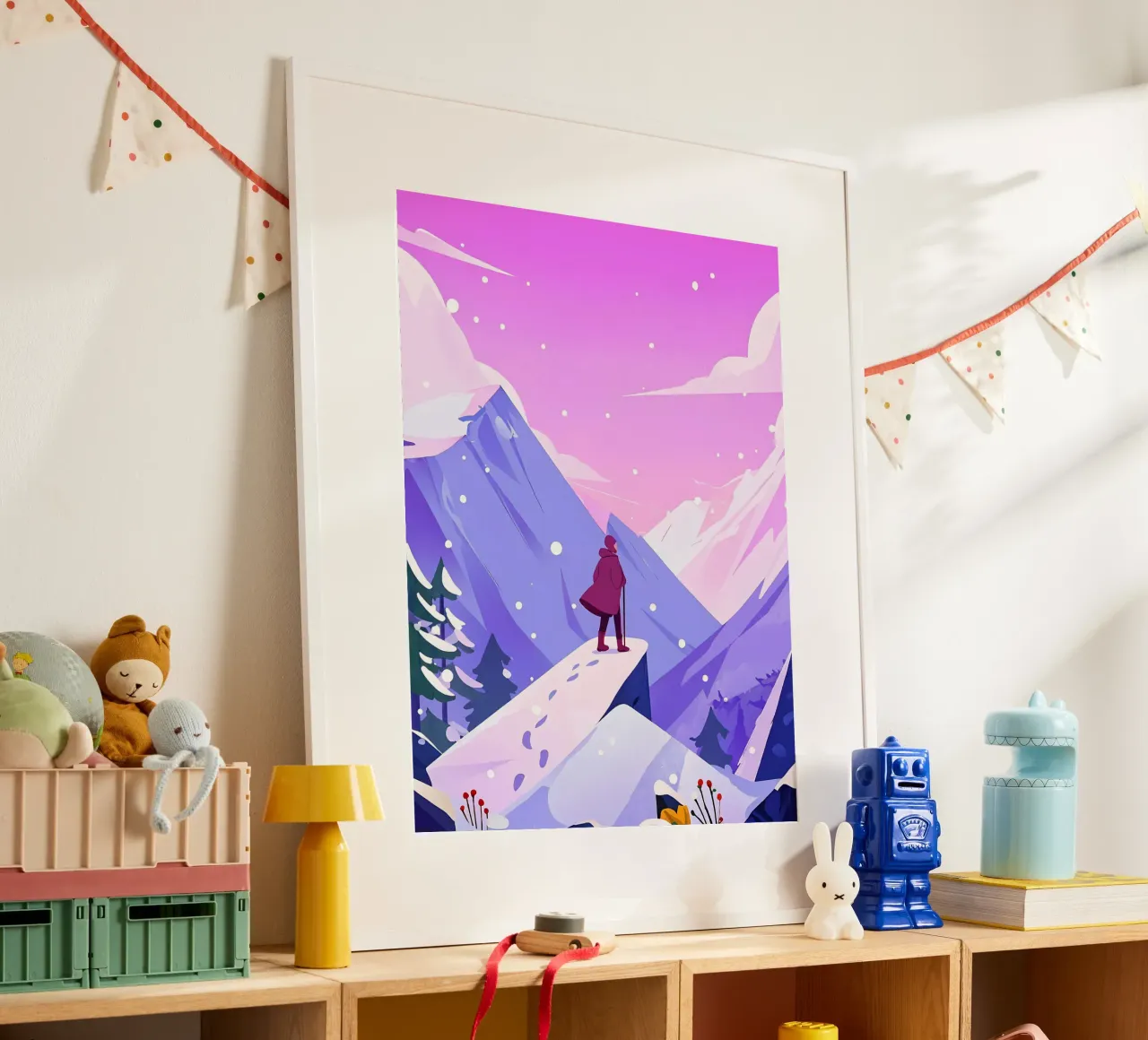 Uomo che raggiunge la montagna di neve in alto Lofi Art poster con telaio in legno da LoFi Gallery