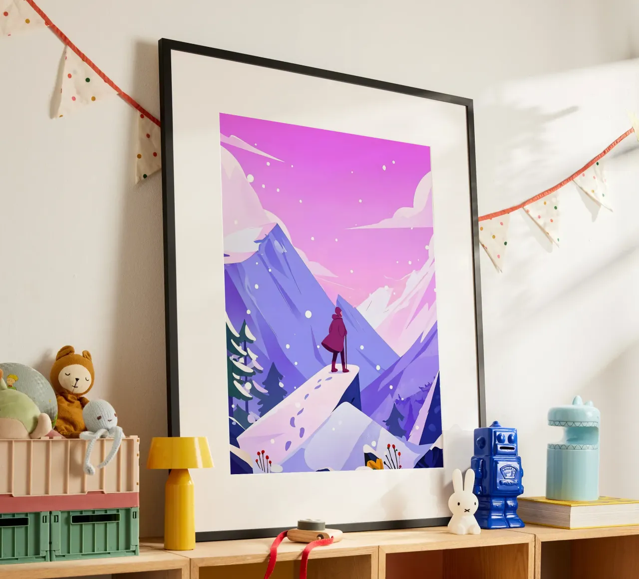 Uomo che raggiunge la montagna di neve in alto Lofi Art poster con telaio in legno da LoFi Gallery