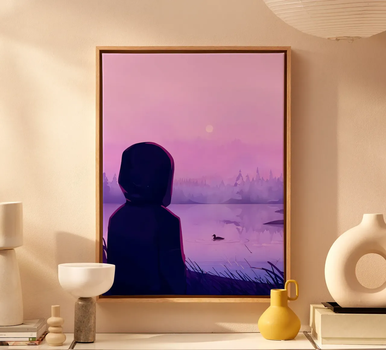 Boy Looking At Ducks In The Lake In Evening Lofi Art canvas with Floater frame by LoFi Gallery