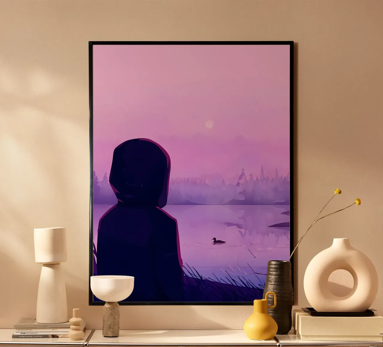 Jongen kijkt naar eenden in het meer in de avond Lofi Art poster met aluminium frame van LoFi Gallery