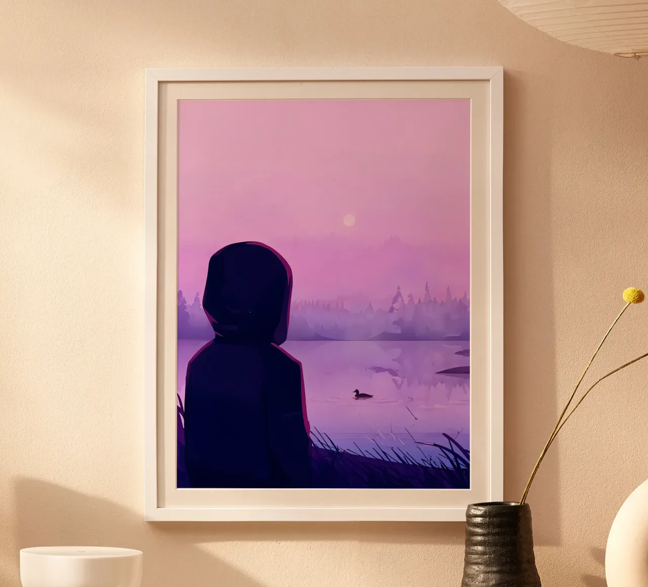 Jongen kijkt naar eenden in het meer in de avond Lofi Art poster met aluminium frame van LoFi Gallery