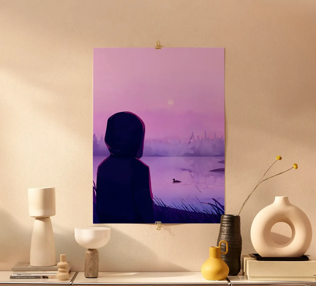 Jongen kijkt naar eenden in het meer in de avond Lofi Art poster met aluminium frame van LoFi Gallery