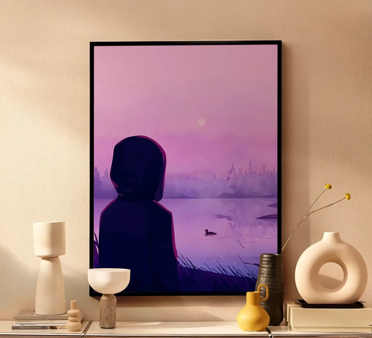 Jongen kijkt naar eenden in het meer in de avond Lofi Art poster met aluminium frame van LoFi Gallery