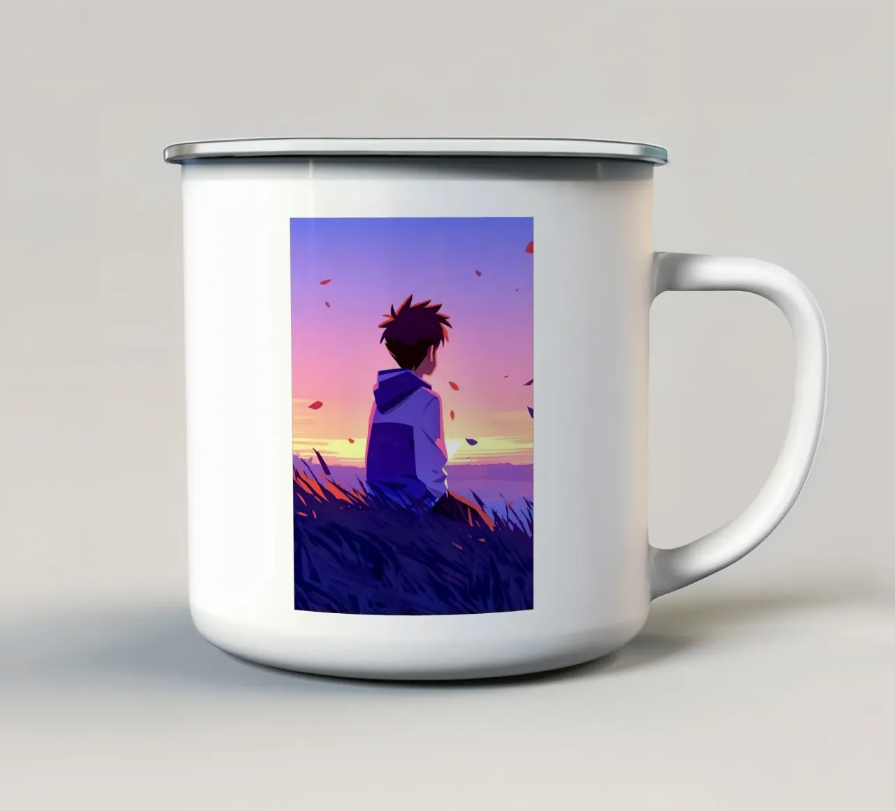 Ragazzo che guarda il tramonto in un campo aperto Lofi Art tazza in smalto da LoFi Gallery