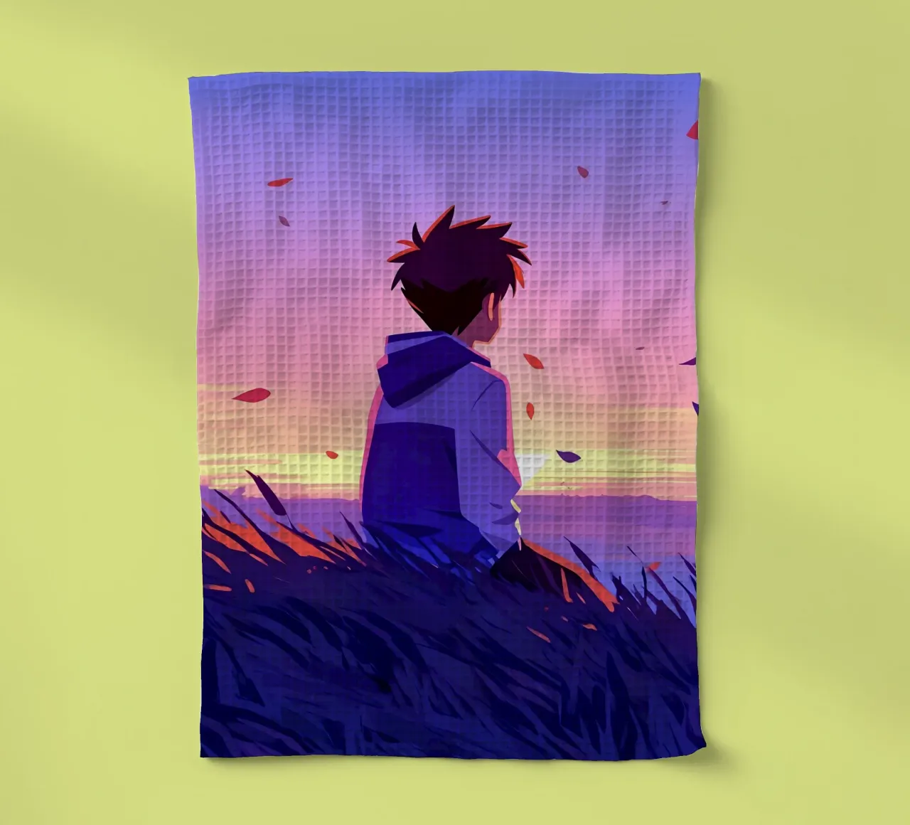 Boy Looking At Sunset In A Open Field Lofi Art tea towel by LoFi Gallery