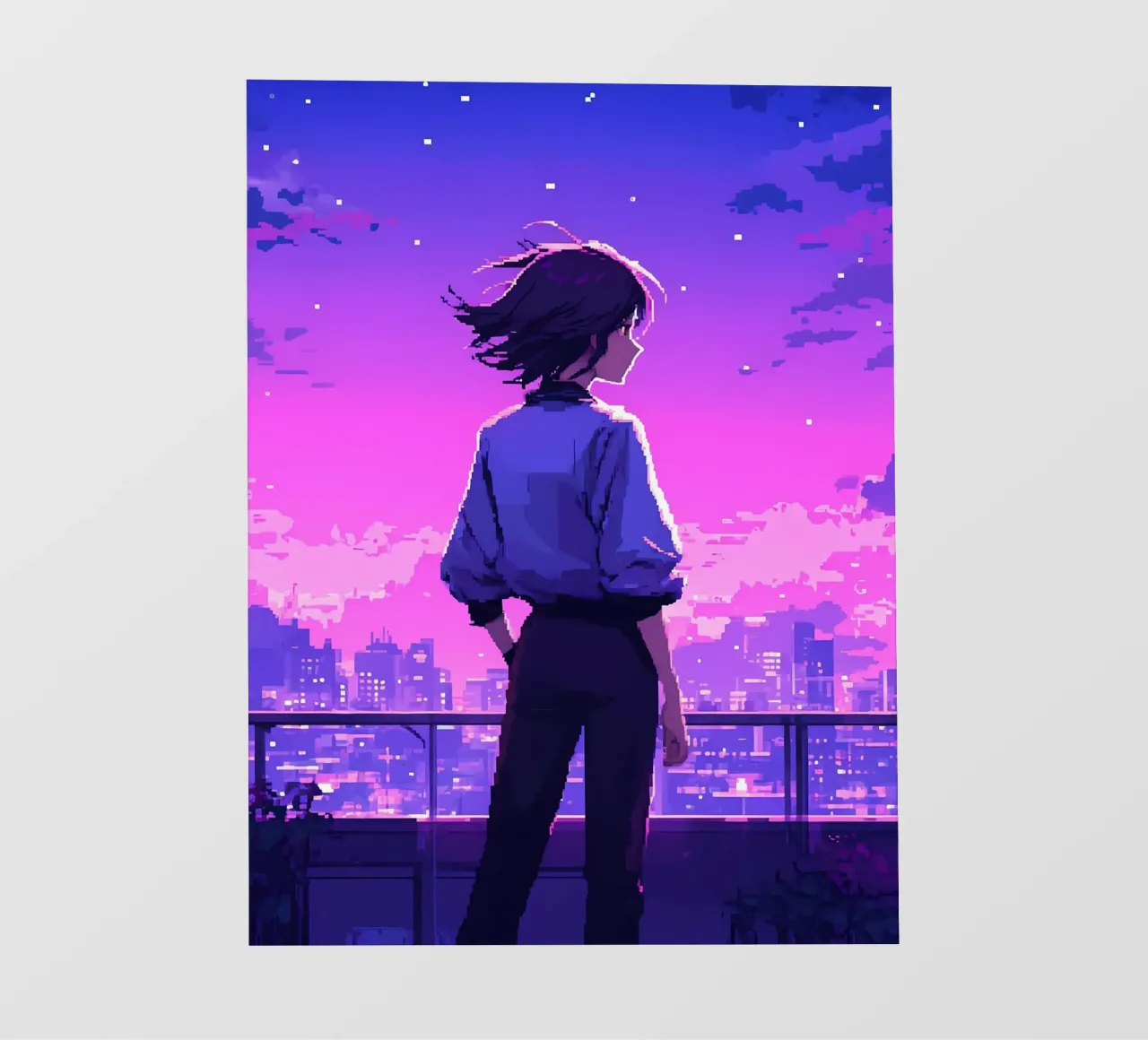 Ragazza in piedi in città moderna edificio in sera Lofi Art pellicola backlit da LoFi Gallery