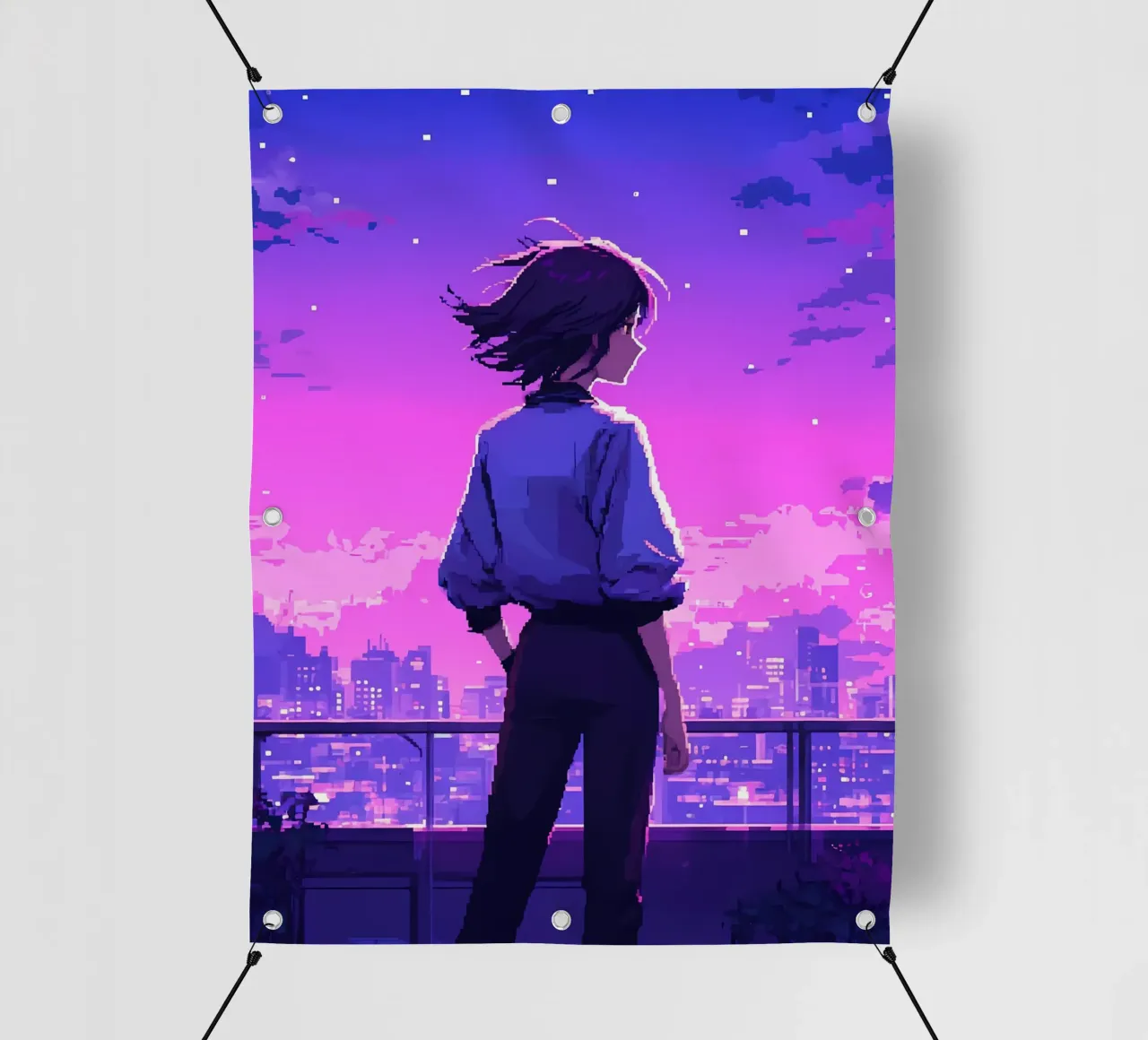Ragazza in piedi in città moderna edificio in sera Lofi Art telo in pvc da LoFi Gallery