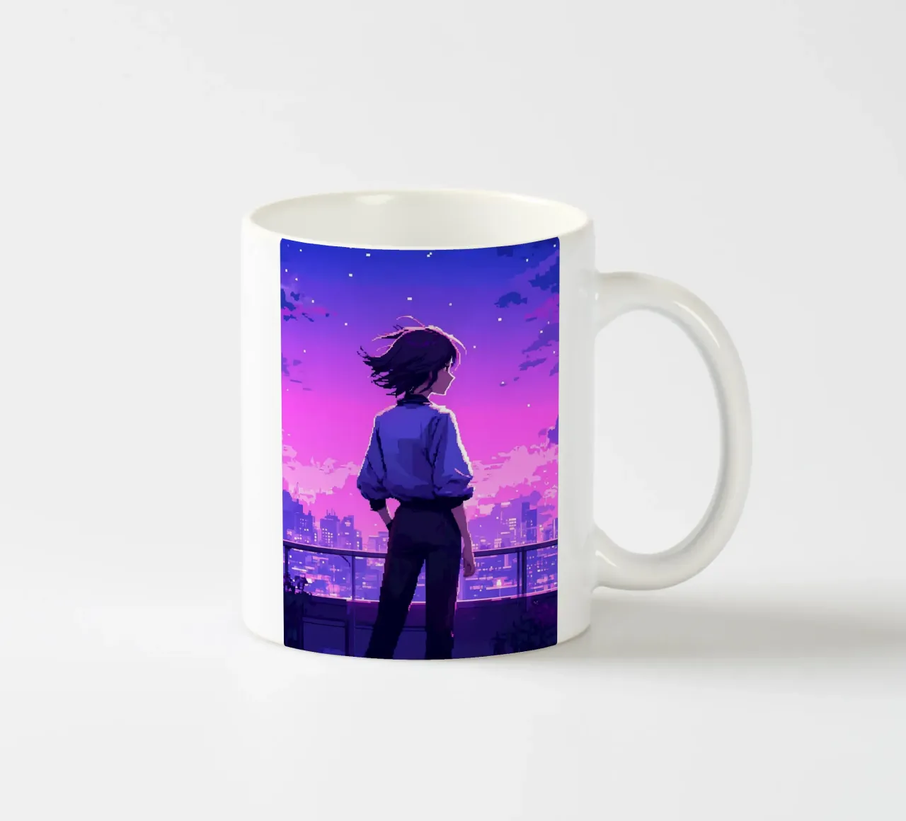 Ragazza in piedi in città moderna edificio in sera Lofi Art tazza in ceramica da LoFi Gallery