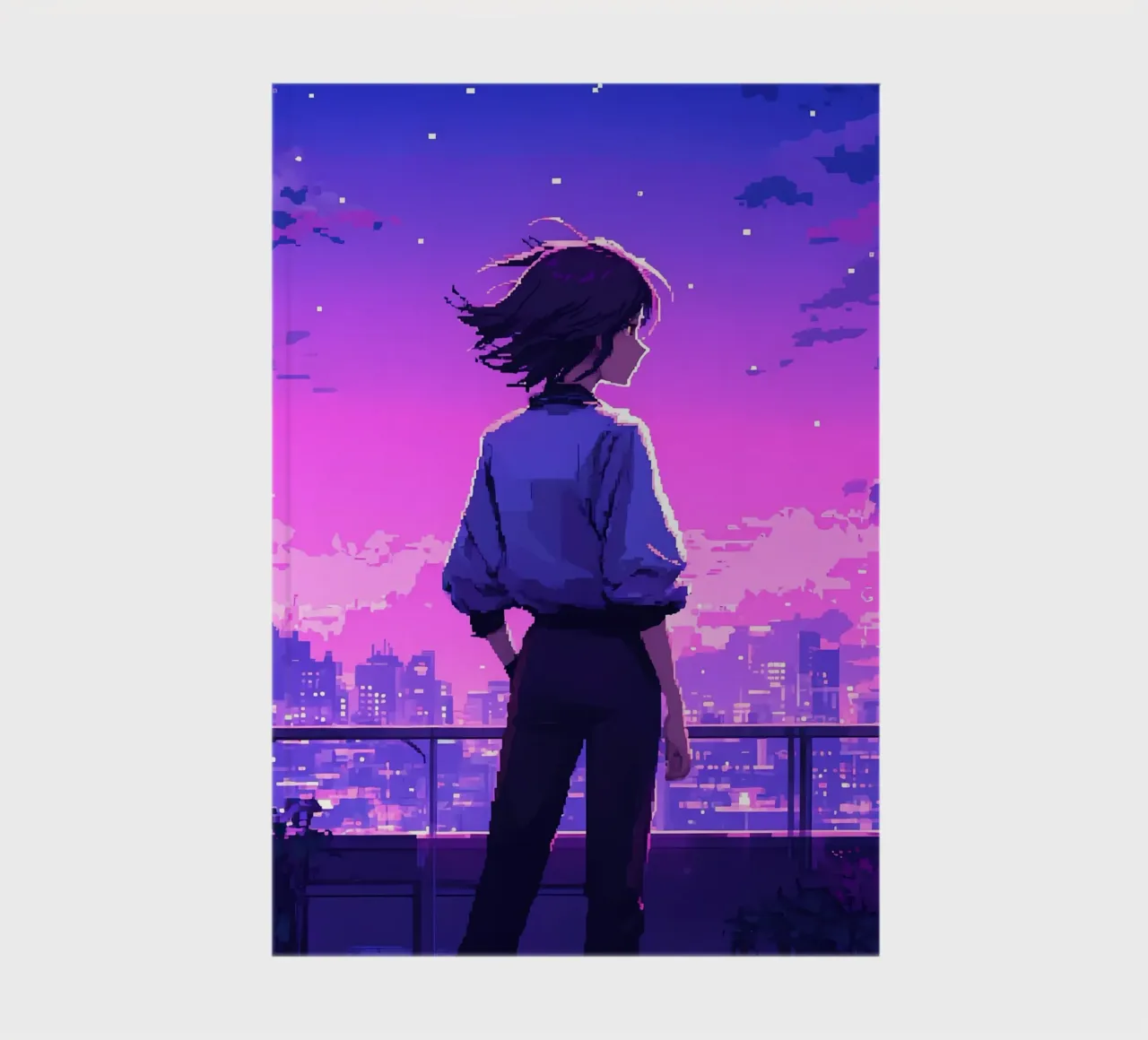 Fille debout dans un immeuble moderne en soirée Lofi Art carnet de notes de LoFi Gallery