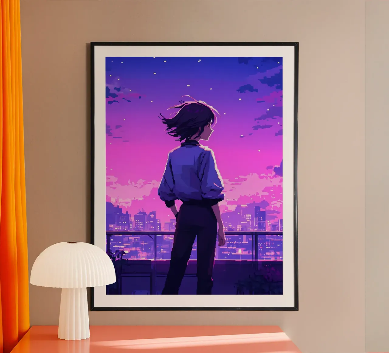 Ragazza in piedi in città moderna edificio in sera Lofi Art carta hahnemühle da LoFi Gallery